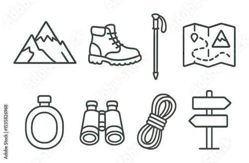 Mountains and hiking linear icons: mountain peak, hiking boot, walking stick, trail map, canteen, binoculars, rope, signpost.