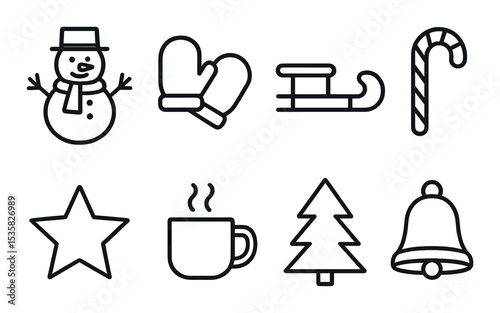 Winter holidays in linear style: snowman, mittens, sled, candy cane, star, hot drink, pine tree, bell.
