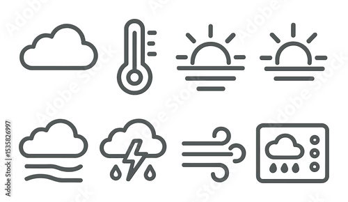 Weather & climate in linear style: cloudy sky, thermometer icon, sunrise, sunset, foggy weather, storm cloud, wind speed icon, weather forecast.