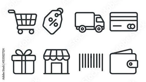 Online shopping in linear style: shopping cart, discount tag, delivery truck, credit card, gift box, store icon, barcode, wallet.