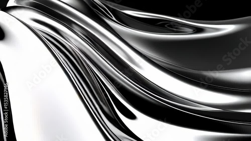 Abstract flowing metallic chrome waves and reflections, smooth metallic texture, dark studio background for product presentation and backdrop.