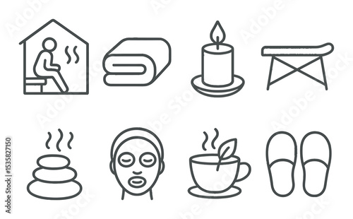 Spa and relaxation linear icons: sauna, towel, candle, massage table, hot stone, facial mask, herbal tea, slippers.