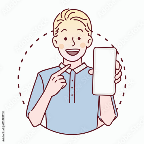 Smiling blond man presents blank smartphone screen with a positive expression for advertisement
