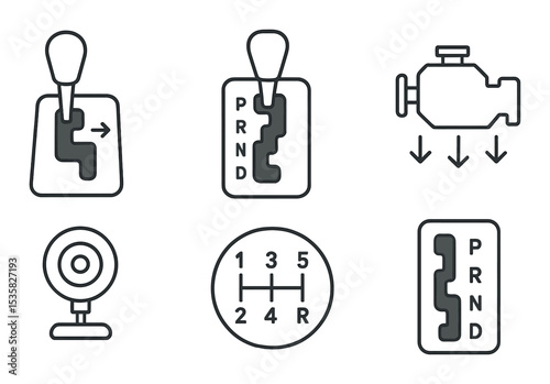 Car gear system: manual shift, automatic mode, clutch icon, gear knob, transmission, shift pattern, drive modes, engine brake. Linear style, isolated, no text