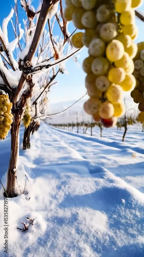 Frozen yellow grapes hanging on the vine covered with frost and snow in the winter vineyard against blue sky background.