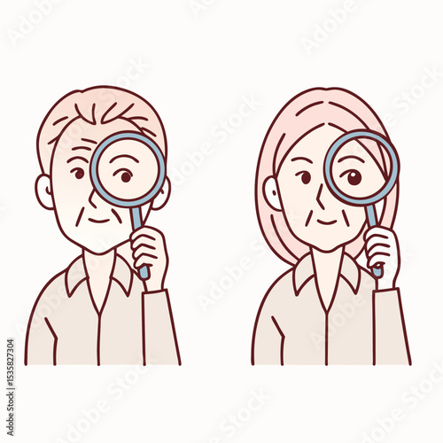 Older white adult man and woman are holding magnifying glasses to examine something