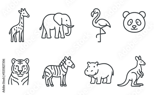 Zoo animals linear icons: giraffe, elephant, flamingo, panda, tiger, zebra, hippo, kangaroo.