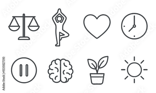 Life balance in linear style: scale, yoga pose, heart, time icon, pause button, brain, plant, sun.