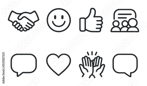 Social interaction, linear style: handshake, smile icon, thumbs up, group chat, chat bubble, heart reaction, high five, speech icon.