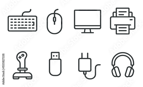linear style icons of technology: keyboard, mouse, monitor, printer, joystick, USB drive, charger, headphones.