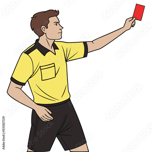 A cartoon of a referee wearing a yellow shirt and black shorts, holding up a red card with one hand.