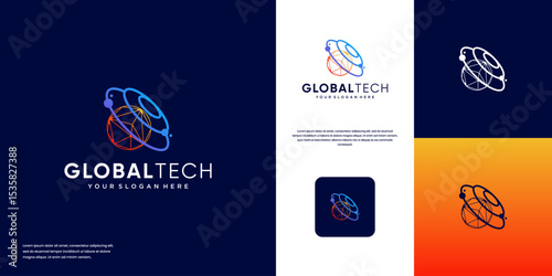 global technology logo with line art style, digital network system, orbit line, interconnected, vector design template.