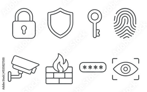 Security symbols, linear style: padlock, shield, key, fingerprint, CCTV camera, firewall, password input, eye scan.