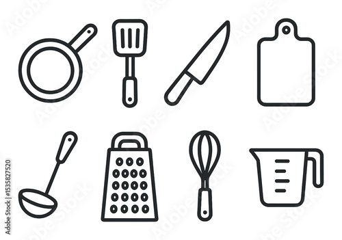 Kitchen utensils, linear style: frying pan, spatula, knife, cutting board, ladle, grater, whisk, measuring cup.