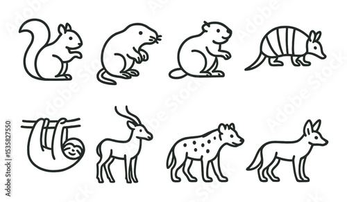 linear style icons of animals: squirrel, mole, beaver, armadillo, sloth, antelope, hyena, jackal.