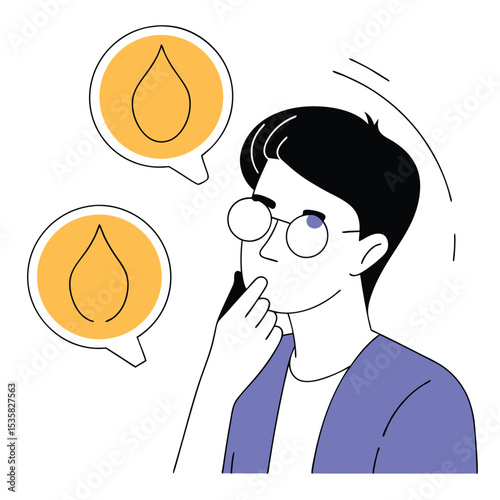 Young man contemplates rising fuel costs, seen within yellow bubble illustration