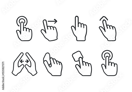 User actions in linear style: tap, swipe, scroll, zoom, drag, drop, click, hover.