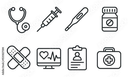 Medical tools, linear style: stethoscope, syringe, thermometer, pill bottle, bandage, heart monitor, medical chart, first aid kit.
