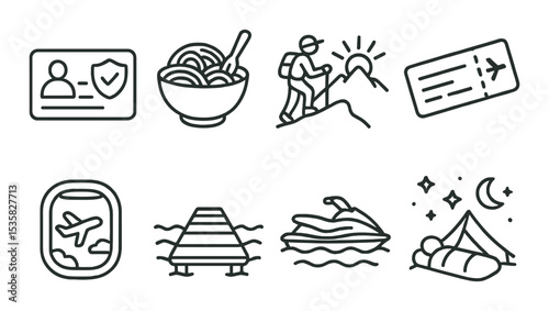 Travel and nature, linear style: travel insurance card, local food, sunrise hike, boarding pass, plane window view, floating dock, jet ski, sleeping under stars.