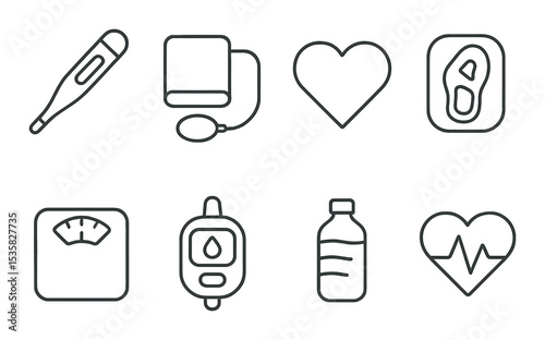 Health monitoring in linear style: thermometer, blood pressure cuff, heart icon, step counter, scale, glucose meter, water tracker, pulse monitor.