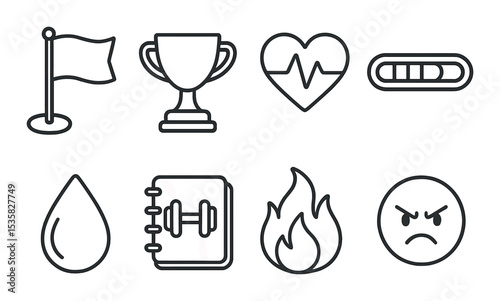 Fitness motivation in linear style: goal flag, trophy, heart monitor, progress bar, sweat drop, workout log, flames, determination icon.