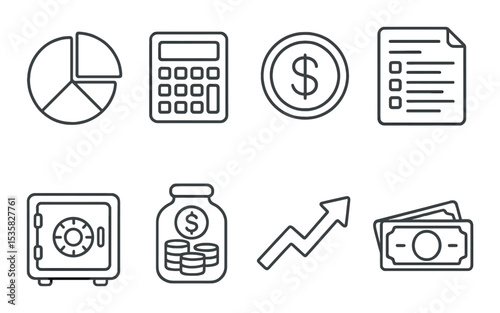 Finance planning in linear style: pie chart, calculator, dollar icon, budget sheet, safe, savings jar, growth arrow, notes.