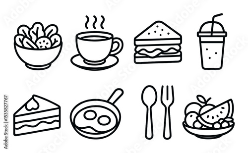 Food and drinks, linear style: bowl of salad, coffee cup, sandwich, smoothie glass, slice of cake, frying pan with eggs, spoon and fork, fruit platter.