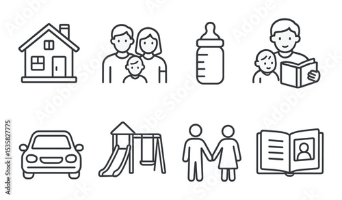 Family & parenting in linear style: family home, parents and child, baby bottle, bedtime story, family car, playground icon, holding hands, photo album.