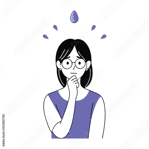 Young woman wearing glasses looks thoughtful as she contemplates with water drop symbols