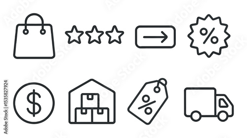 E-commerce tools: product icon, rating stars, order button, sale label, currency icon, inventory, discount tag, shipping icon. Linear style, isolated, no text