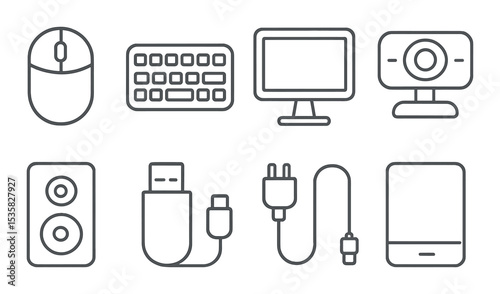 Computer accessories in linear style: mouse, keyboard, monitor, webcam, speaker, USB stick, charger cable, external hard drive.