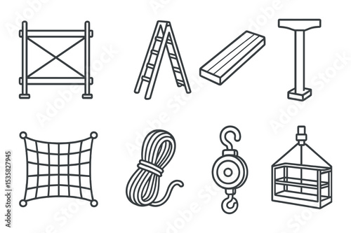 Construction icons linear style: scaffolding, ladder, scaffolding plank, support beam, safety net, rope, hoist, construction lift.