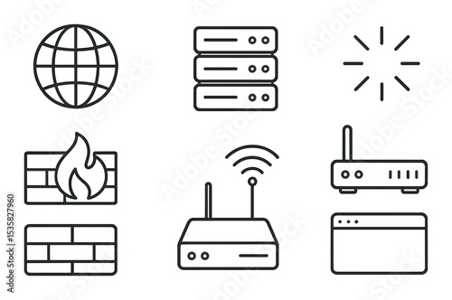 Internet icons: globe, wifi, server, loading icon, firewall, router, modem, browser window. Linear style, isolated, no text