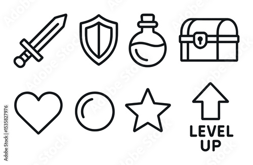 Game elements: sword, shield, potion, treasure chest, heart, mana orb, star, level up. Linear style, isolated, no text