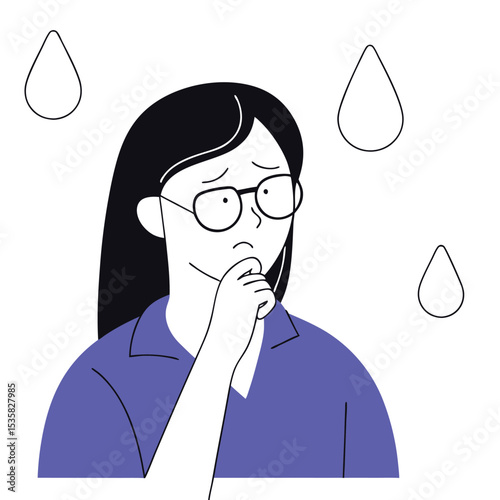 Anxious young woman with glasses nervously biting her nails amid abstract water drops