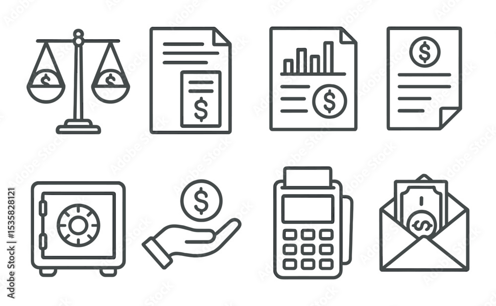 linear style icons of money: balance scale, loan form, financial report, tax document, safe deposit box, hand holding coin, card reader, cash envelope.