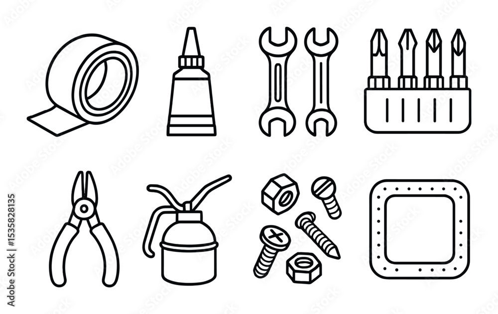 Repair tools in linear style: duct tape, super glue, wrench set, screwdriver bits, pliers set, oil can, fasteners, repair patch. Repair tools in linear style: duct tape, super glue, wrench set, screwdriver bits, pliers set, oil can, fasteners, repair patch.