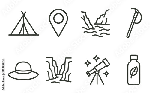 Travel and nature, linear style: tent icon, map pin, rocky coast, hiking stick, sun hat, canyon, stargazing icon, eco bottle.