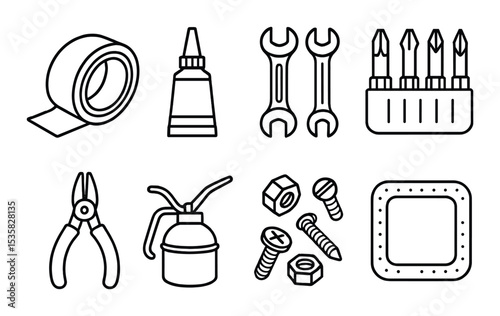 Repair tools in linear style: duct tape, super glue, wrench set, screwdriver bits, pliers set, oil can, fasteners, repair patch.