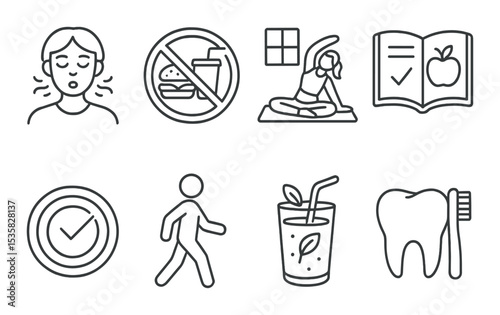Healthy lifestyle in linear style: deep breathing icon, no fast food symbol, home exercise, nutrition journal, healthy goals, daily walk icon, green smoothie, dental care.