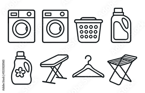Laundry room items in linear style: washing machine, dryer, laundry basket, detergent, fabric softener, ironing board, hanger, drying rack.