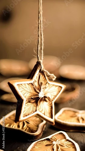 Festive star shaped Christmas ornament made of dried fruit hanging on rustic twine string, seasonal holiday decoration on beige background.