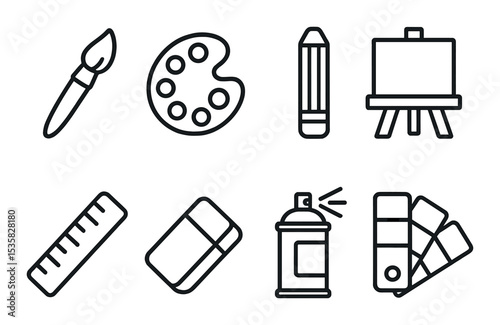 Creative tools in linear style: paintbrush, palette, pencil, canvas, ruler, eraser, spray can, color swatch.