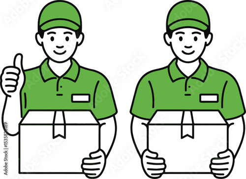 Two delivery men holding packages one giving thumbs up isolated on white background