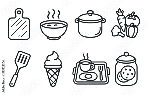 Food and drinks, linear style: cutting board, soup bowl, cooking pot, vegetables, grill spatula, ice cream cone, breakfast tray, cookie jar.