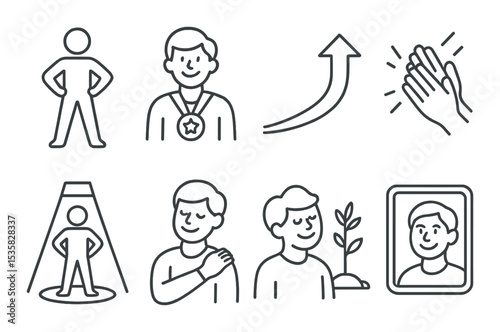 Confidence & self-esteem in linear style: power pose, proud smile, winning medal, upward arrow, spotlight figure, clapping self, growth mindset, mirror smile.