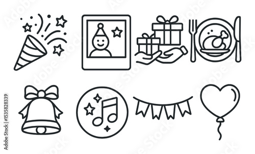 Holidays & celebrations in linear style: party popper, celebration photo, gift exchange, holiday dinner, festive bell, party music icon, decoration string, heart balloon.