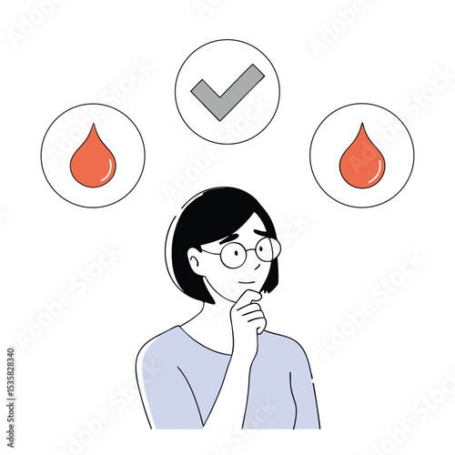 Asian woman considers between blood drops and a check mark in circles