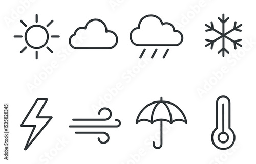 Weather elements in linear style: sun, cloud, rain, snowflake, thunderbolt, wind, umbrella, thermometer.