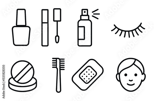 Cosmetics icons: nail polish, lip gloss, facial mist, eyelash, powder puff, brow comb, skin patch, face icon. Linear style, isolated, no text